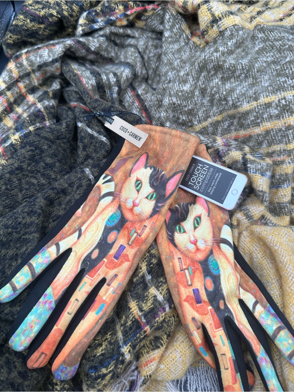 Coco + Carmen Cat Print Touchscreen Gloves - Cococabana Hooded Poncho in Mustard